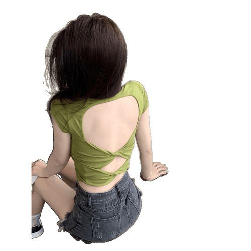 Retro Japanese Pure Desire Backless Square Shoulder Short-Sleeve T-Shirt for Women Summer Lace Sweet Spice Design Short Length Cinched Waist Top Ins