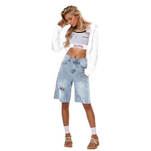 2025 Cross-border Summer New American High-Waist Retro Frayed Denim for Women Distressed Loose Hemmed Five-Pocket Pants
