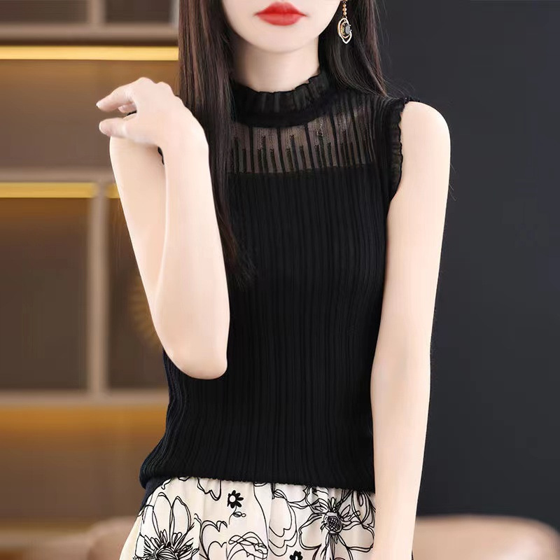 Fashion All-match Spring and Summer New Sleeveless Wool Knitted Lace Stitching Women's Vest Slim-fit Slimming Solid Color Base Shirt