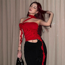 欧美风2023春季时尚潮流女装新款一字肩修身木耳边露脐百搭小背心