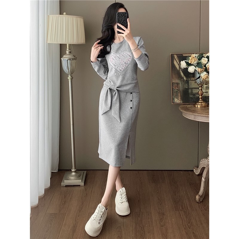 深圳南油休闲套装女2025秋新款显瘦长袖卫衣灰色半身裙百搭两件套|undefined