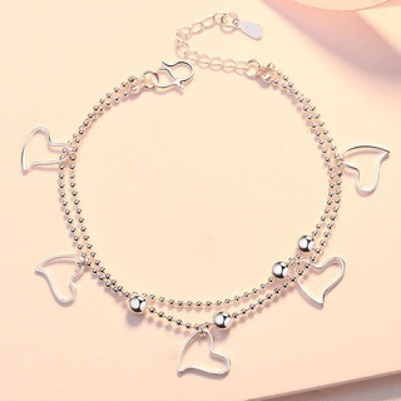 WYF107-5 hollow heart-shaped round bead double-layer silver bracelet #SZ035