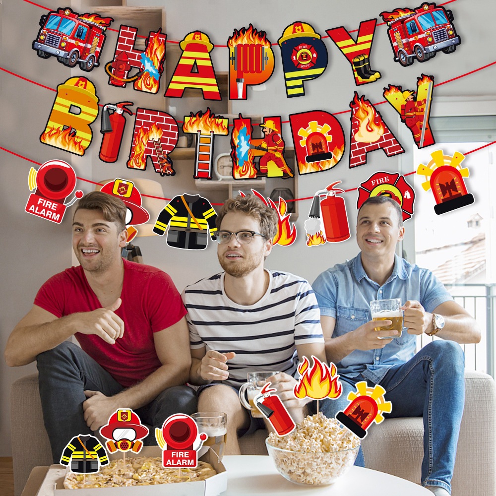 Nuevo tema de lucha contra incendios transfronterizo decoración de fiesta de cumpleaños bandera de dibujo decoración de cumpleaños bombero diseño de decoración de cumpleaños