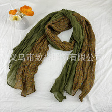 文艺复古森系小碎花拼色围巾披肩田园风百搭薄款褶皱设计棉麻丝巾