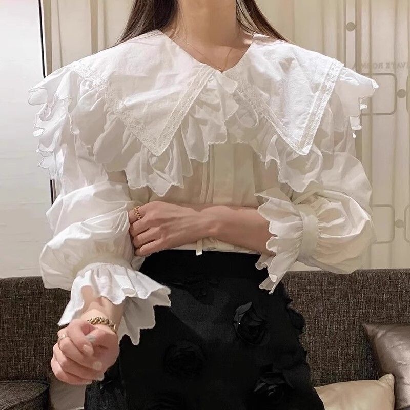 Korean chic early autumn sweet and youthful lace navy collar loose versatile tie-up long-sleeve striped shirt top for women Korean chic early autumn sweet and youthful lace navy collar loose versatile tie-up long-sleeve striped shirt top for women