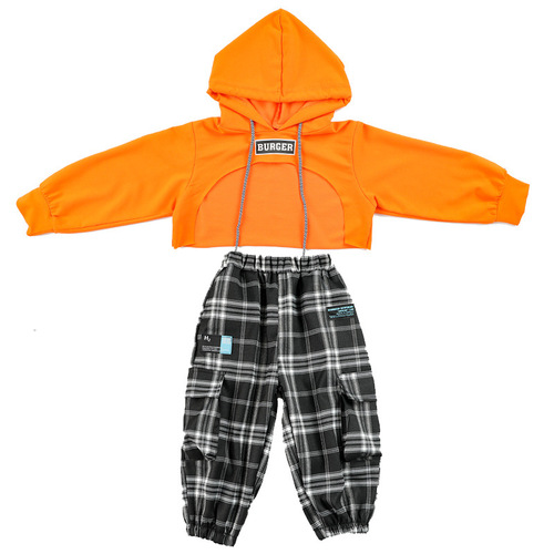 Children boys girls plaid orange hiphop rapper street dance clothes long-sleeved navel-baring jazz dance costumes model show plaid overalls tide clothes for baby