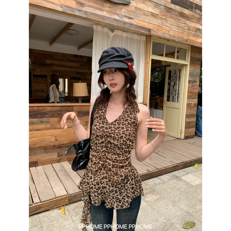 In-Stock Spicy Leopard Print Backless V-Neck Halter Tie Strap Tank Top for Women, New Summer Style, Waist-Cinching Slim-Fit T-Shirt, Sexy