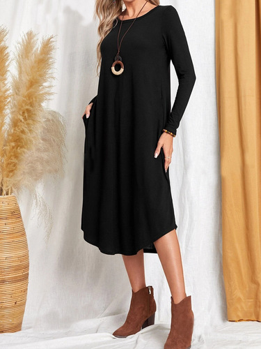Amazon AliExpress Cross-border Foreign Trade 2025 Autumn/Winter Women's Hot Selling Long-length Curved Hem Round Neck Dress