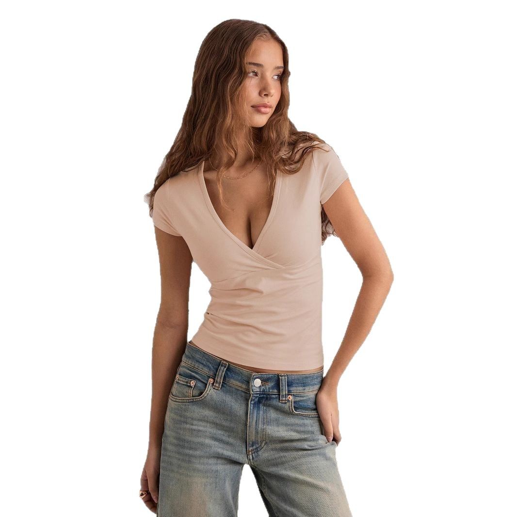 Women's Slim Fit T-Shirt Deep V Neck Solid Color European American Style Fashion Top for Spring Summer_ecoleips.com