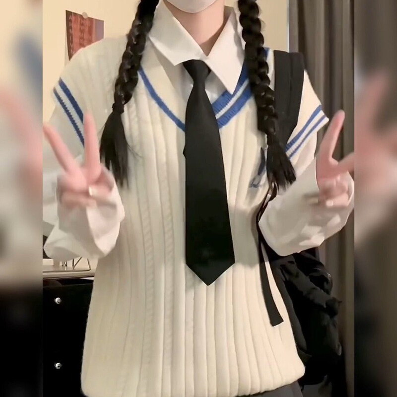 Student long-sleeved shirt two-piece Korean-style preppy style loose mid-length stacked versatile sweater vest for women