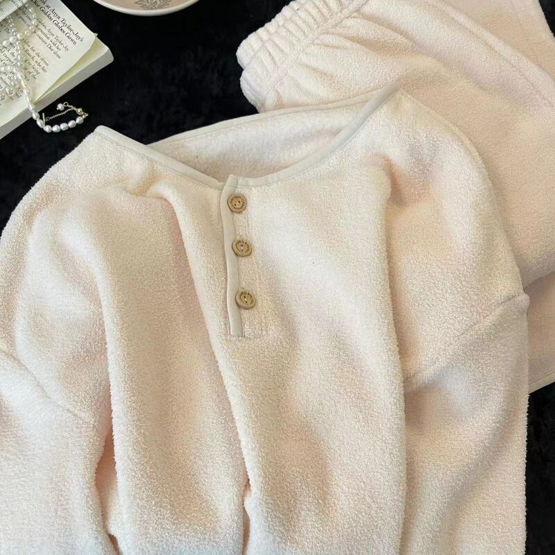 Sweet Pink Rabbit Coral Velvet Pajamas for Women Winter Fleece-Lined Thickened Warm Long-Sleeved Home Clothes Set Violet