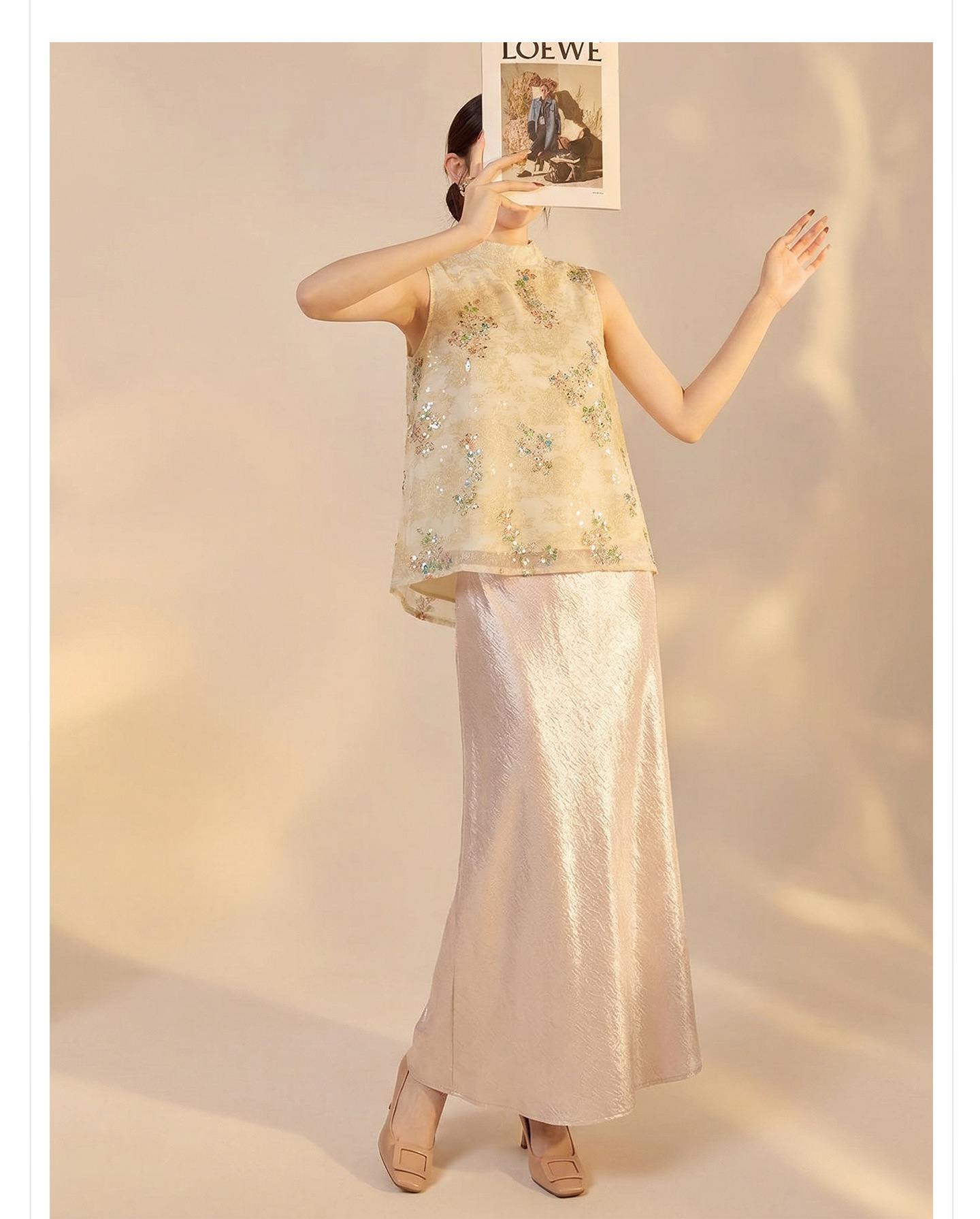 Bộ áo vest không tay lưới thêu đính cườm phong cách Tân Trung Hoa kèm chân váy nửa kín ZX P0337 — bộ đồ, Champagne màu nửa váy, Áo khoác màu mơ chi tiết 15