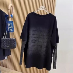 特大サイズ2-300斤太ったmm大版重工偽2枚の銀糸袖が古い長袖tシャツの女性デザイン感上着を作る