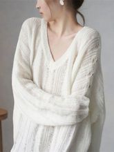 春秋季新款慵懒风针织毛衣女宽松外穿镂空鸡心领休闲显瘦打底衫薄