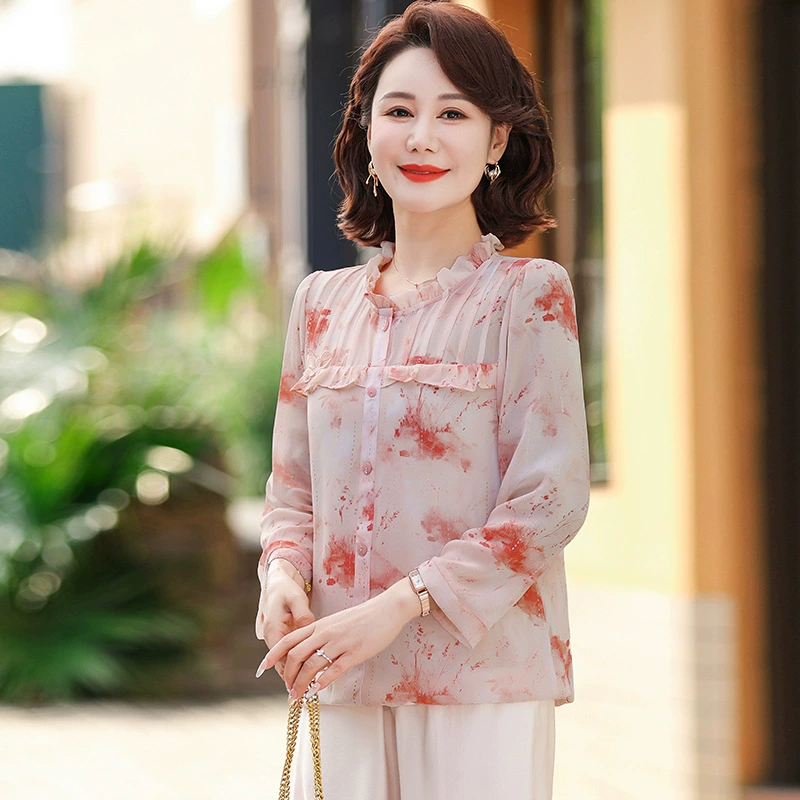 2025 новая летняя шифоновая рубашка для мам с принтом, рубашка с рукавом три четверти, женская рубашка среднего и пожилого возраста, уменьшающая возраст, топ