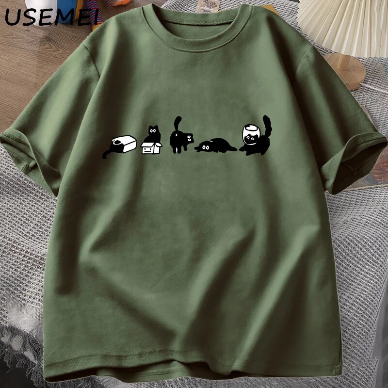 Five Kinds of Cat Moods T-Shirt Cat Mom T-Shirt Funny Cotton Short Sleeve Cat Lover T-Shirt Unisex Casual O-Neck Summer