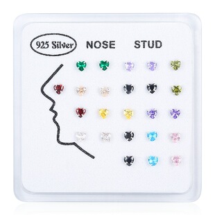 Cross-Border Hot Selling 3mm Heart-Shaped Zircon Straight Nose Nail Piercing Jewelry 925 Sterling Silver Nose Ornaments European and American Fashion Nose Ring Set