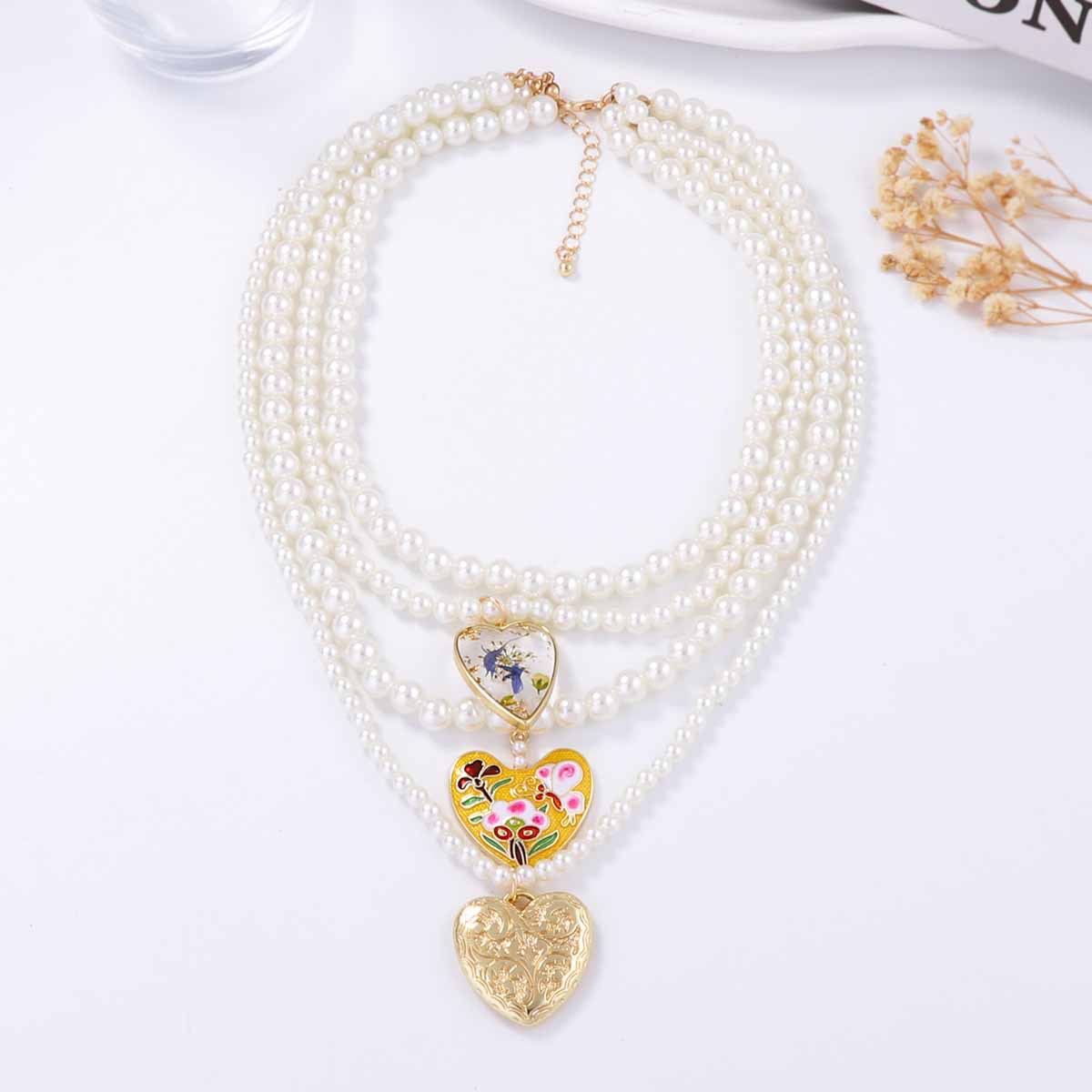 Heart Shape, Flower Pattern Women's Imitation Pearl Zinc Alloy Beaded Chain Heart Shape Flower Layered Necklaces Imitation Pearl Jewelry