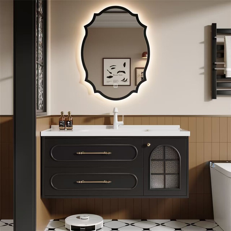 French oak door vintage bathroom cabinet combination with integrated washbasin, washstand, and ceramic bathroom fixtures