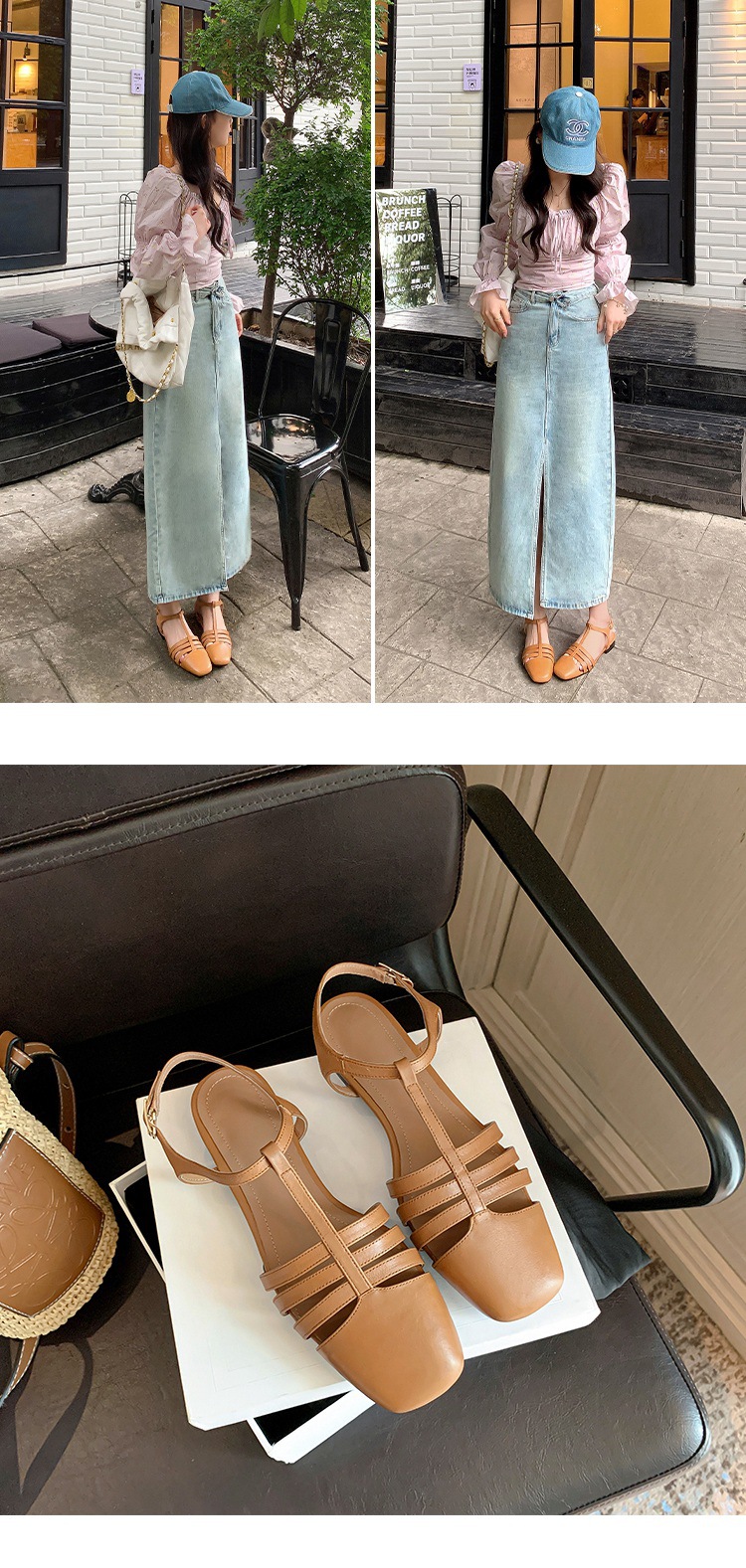 Sandal nữ đế bằng da bò lớp đầu quai chữ T dệt cổ điển — Màu nâu chi tiết 10