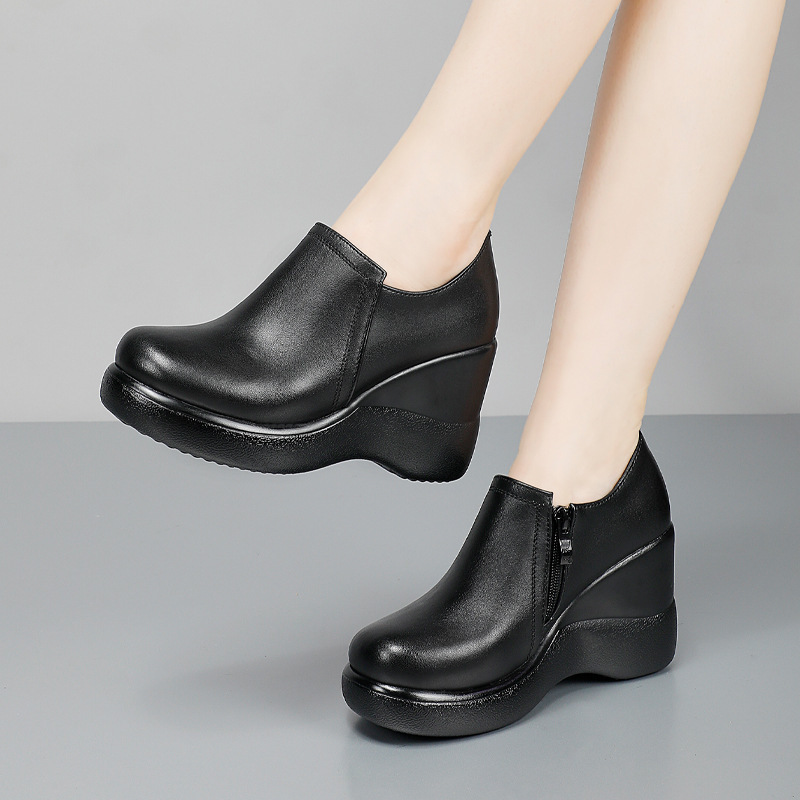 Cowhide Wedge Thick-soled Single-layer Shoes Women's High-heeled Soft-soled Small Leather Shoes Spring and Autumn Deep-mouth Shoes Fleece-lined Bare Boots Zipper Cowhide Wedge Thick-soled Single-layer Shoes Women's High-heeled Soft-soled Small Leather Shoes Spring and Autumn Deep-mouth Shoes Fleece-lined Bare Boots Zipper