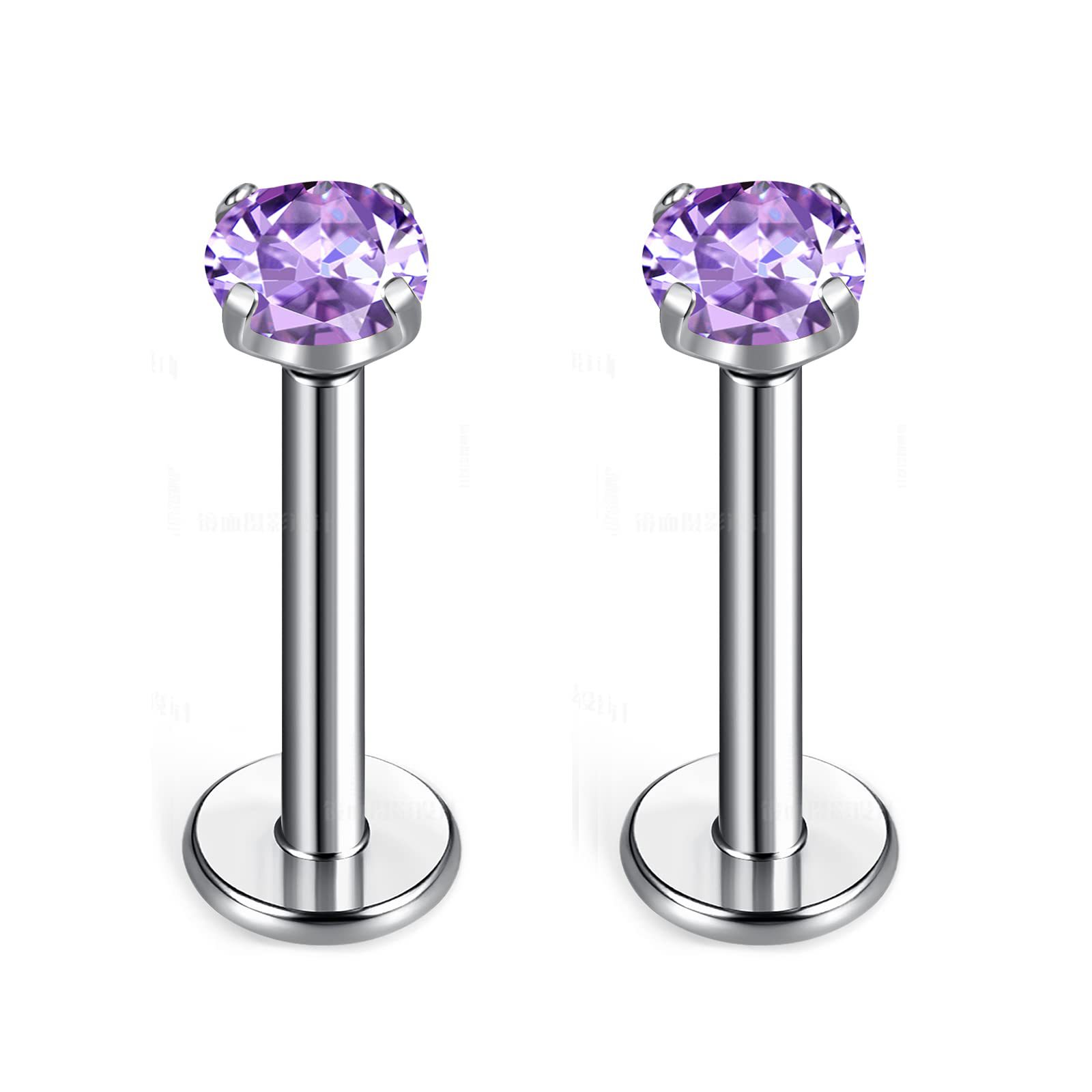 G23 Titanium Four-Prong Set Colorful 5A Round Zircon Internal Thread Earrings Flat Back Labret Stud Ear Bone Nail F136 Titanium Alloy Lip Nail Jewelry detail image 11