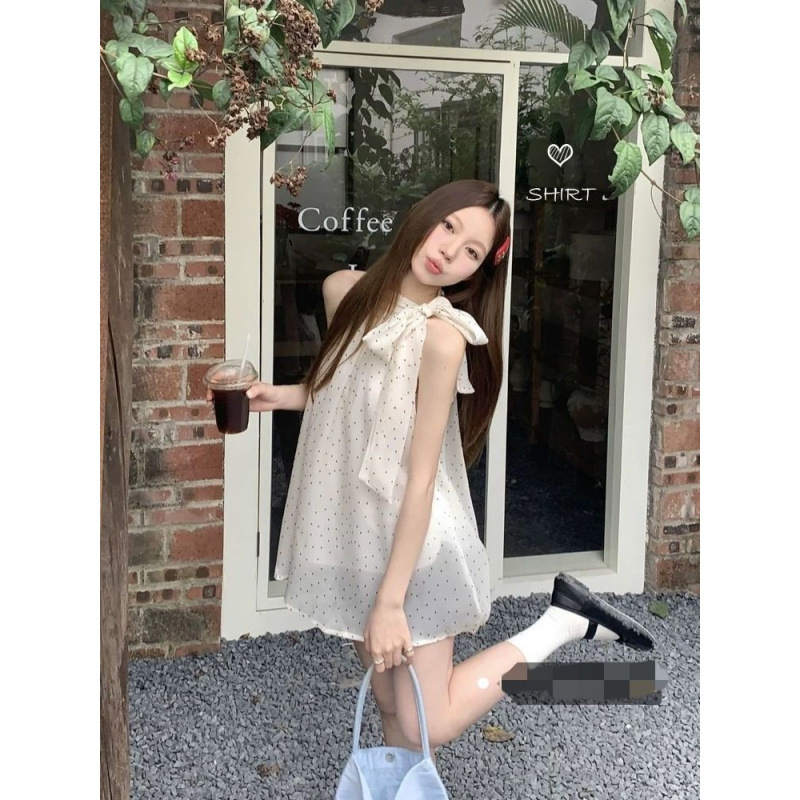 Sleeveless Shirt Design Sense Niche Top Bow Polar Dot Neck Shirt Women's Summer New French Style Gentle Style