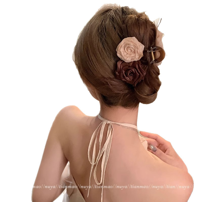 フレンチポルカドットレトロコントラストリボンリボンパールペンダント後頭部シャーククリップヘアピン女性用|undefined