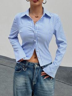 Spot cross-border Amazon women's blue and white striped long-sleeved elegant women's office dress shirt