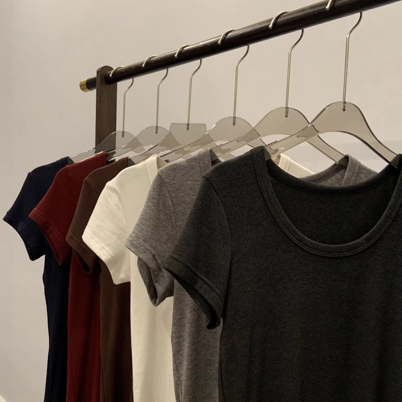 New Wool T-Shirt in Solid Color, Slim Fit, U-Neck, Flutter Sleeves, Regular Short-Sleeve Base Shirt for Women New Wool T-Shirt in Solid Color, Slim Fit, U-Neck, Flutter Sleeves, Regular Short-Sleeve Base Shirt for Women