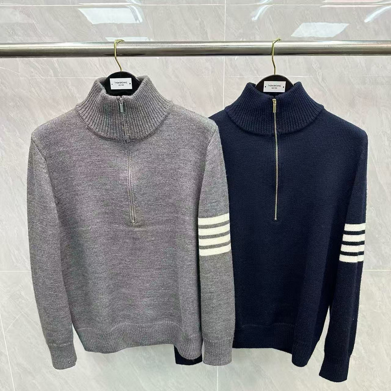 Factory Direct Sale Tb Four-Bar Half-Zip Set Wool Sweater Casual Versatile Simple Unisex Long-Sleeve Knitwear