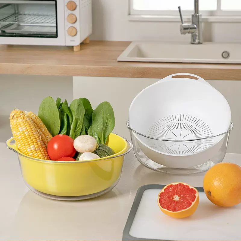 双层加厚透明沥水篮厨房塑料圆形收纳筐滤水洗菜篮子家用洗水果盆