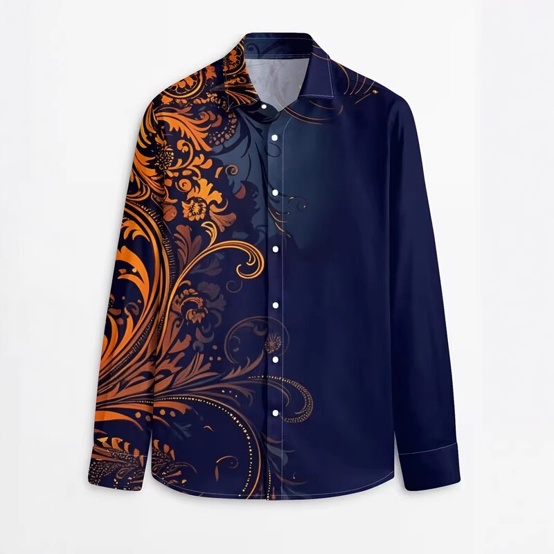 Retro-Style Baroque Pattern Printed Men's Long-Sleeved Shirt Casual Shirt Cross-Border E-Commerce Source Wholesale