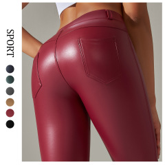 New European and American sexy PU leather pants large size waist-reducing tight pants sports pockets skinny pants brushed pants 