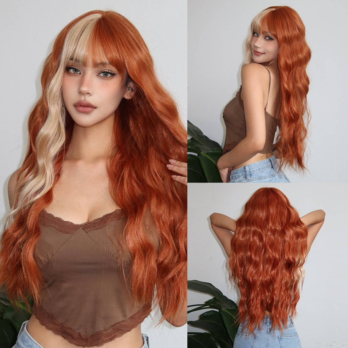 Nueva peluca transfronteriza flequillo degradado de dos colores naranja largo pelo rizado tasa de retorno súper alta pelucas de cubierta de cabeza completa