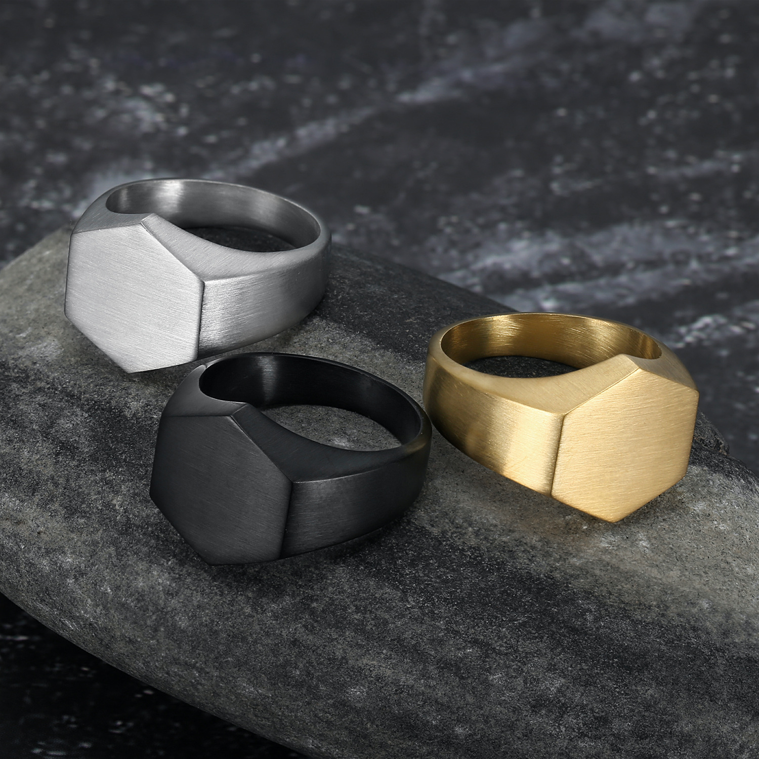 Plating Design Fashion Hexagon Customization Laser Engraving 304 Stainless Steel Plating Unisex Rings Men Band Rings