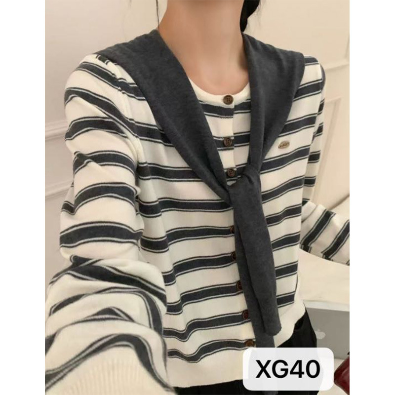韩版圆领披肩条纹针织开衫女秋季洋气百搭小衫外套高级感显瘦上衣|undefined