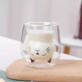 家用高硼硅玻璃牛奶早餐杯透明双层隔热咖啡杯可爱卡通招财猫杯子