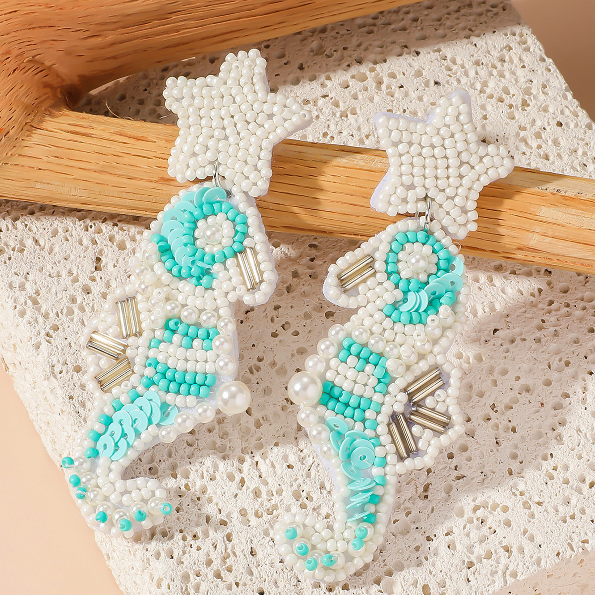 304 Stainless Steel Ear Needle Material 1 Pair Vacation Starfish Hippocampus Beaded Mostacilla Drop Earrings
