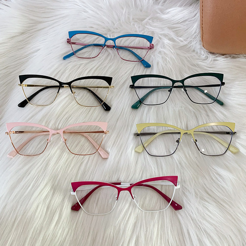  new cross-border fashion metal cat-eye color-changing anti-blue light eyebrow frames can be equipped with myopia glasses frames