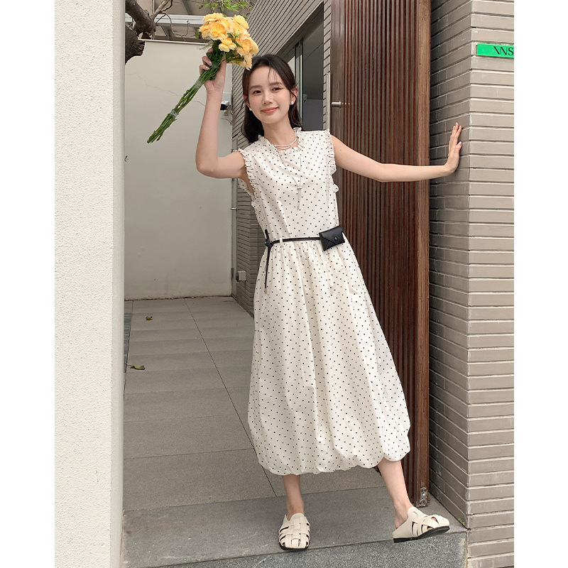 Yier Shirt Pearl Milk Tea French Polka Dot Retro Hong Kong Style Nostalgic Sleeveless Dress Women's Summer Long Skirt 0428