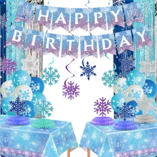 亚马逊新款蓝色雪花主题派对装饰套装生日布置拉旗雨丝帘蜂窝摆件
