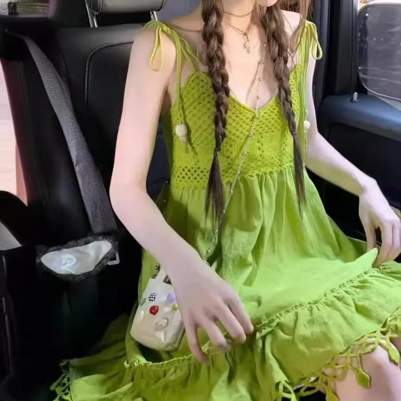 Bohemian Style Green Tassel Sling dress Women's Summer Design Niche Sleeveless Dopamine Skirt
