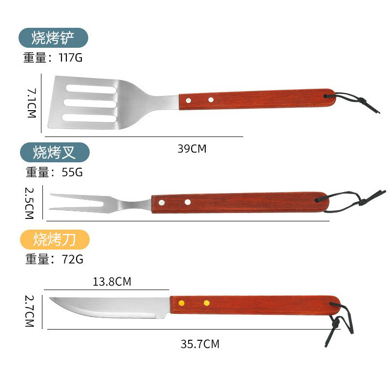 Delantal de bolsa de tela, juego de cuatro piezas, mango de madera largo rojo, cuchillo y tenedor de barbacoa, clip de comida, juego