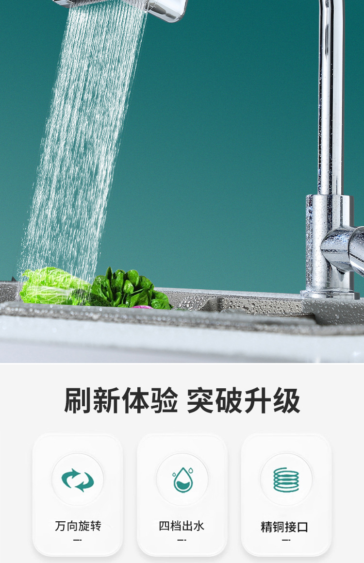 Feiyu Waterfall Faucet, household splash-proof faucet, universal shower head extender, four-speed rotating bubble generator, universal details Picture