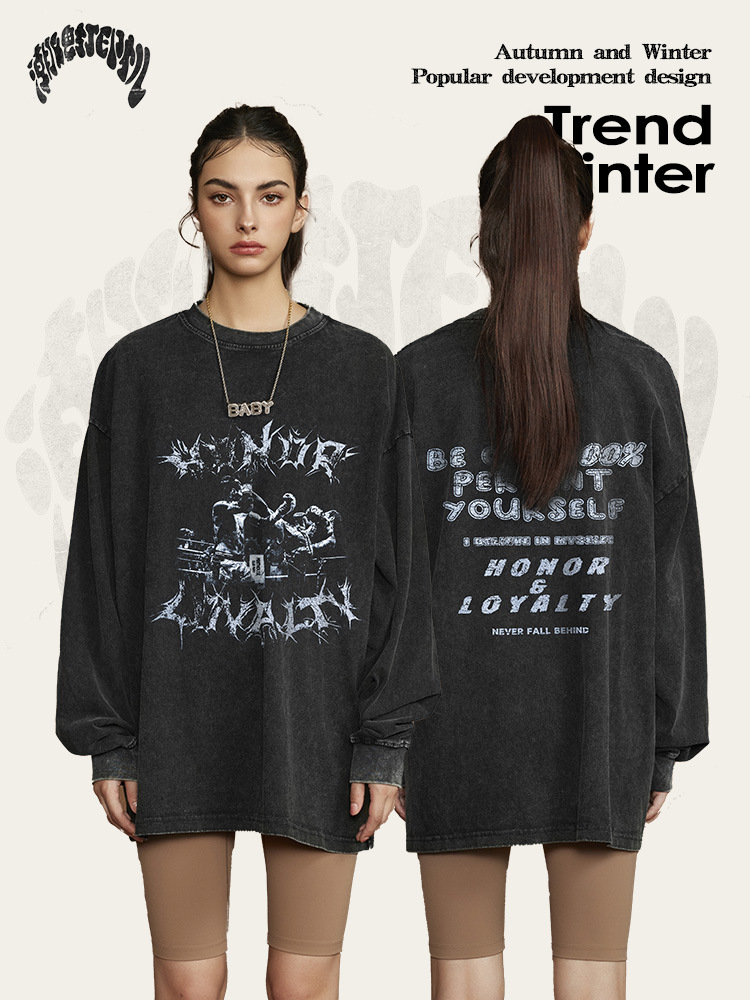 2025 primavera y otoño marcas de moda estadounidenses sueltas neutras oscuras marcas de moda de nicho sueltas de algodón lavado con agua camiseta de manga larga para hombres