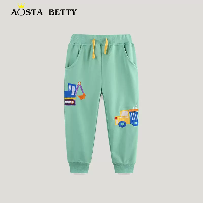 跨境童装男童裤子欧美风秋季新品儿童运动裤挖掘机绣花中小童长裤