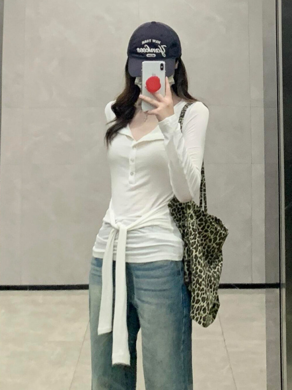 韩系辣妹绑带V领长袖t恤女早秋季2025新款修身简约百搭纽扣上衣潮|undefined