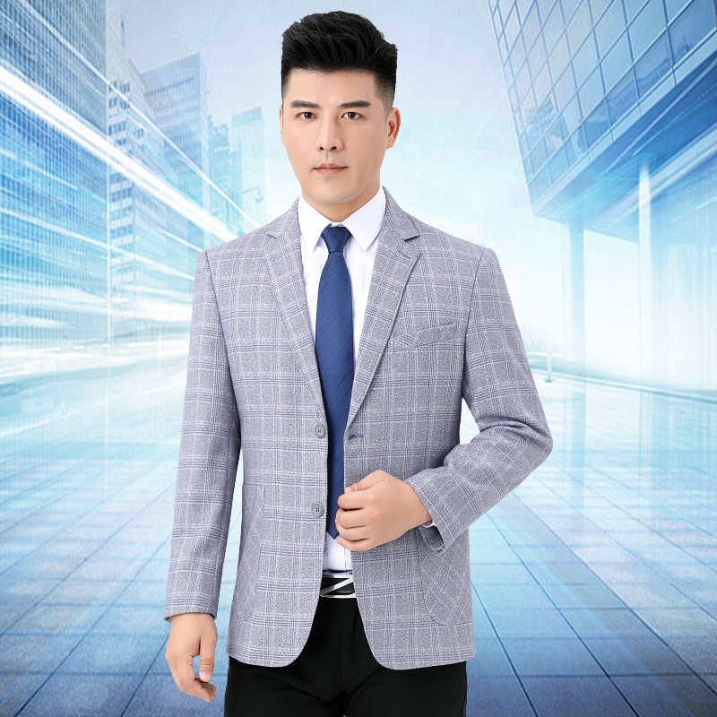 专柜男士休闲西服上衣中年男商务格子西装外套宽松爸爸装新款男装