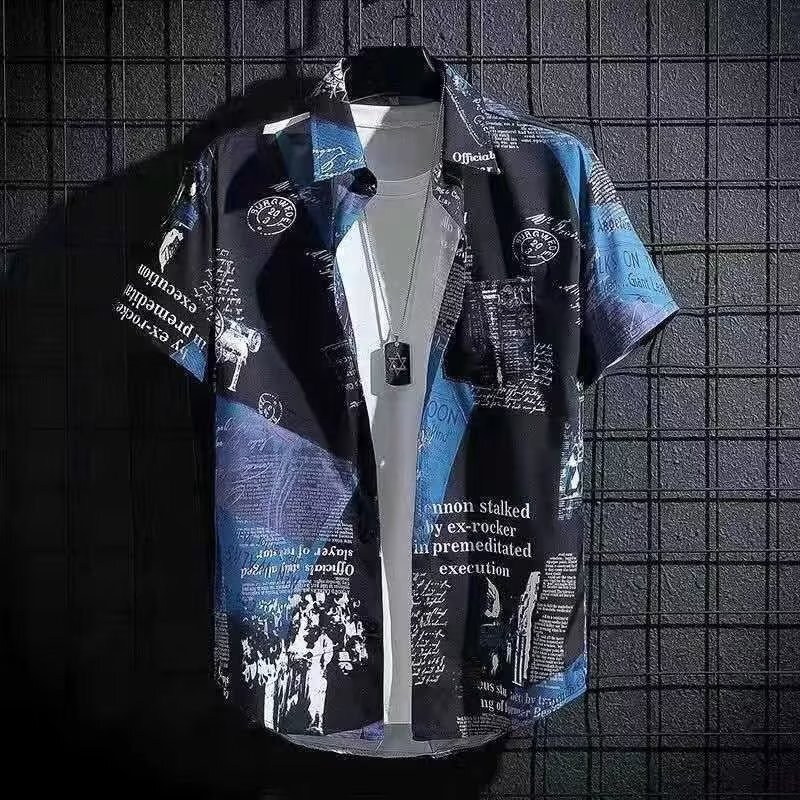 Factory summer newspaper illustration short sleeve floral shirt men and women trendy retro loose Cuban collar shirt wholesale